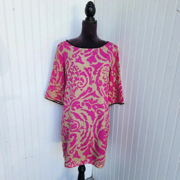Ann Taylor LOFT Shift Dress Pink Tan Black 3/4 Sleeves Women’s Damask Tunic Sz 6 - Picture 1 of 11